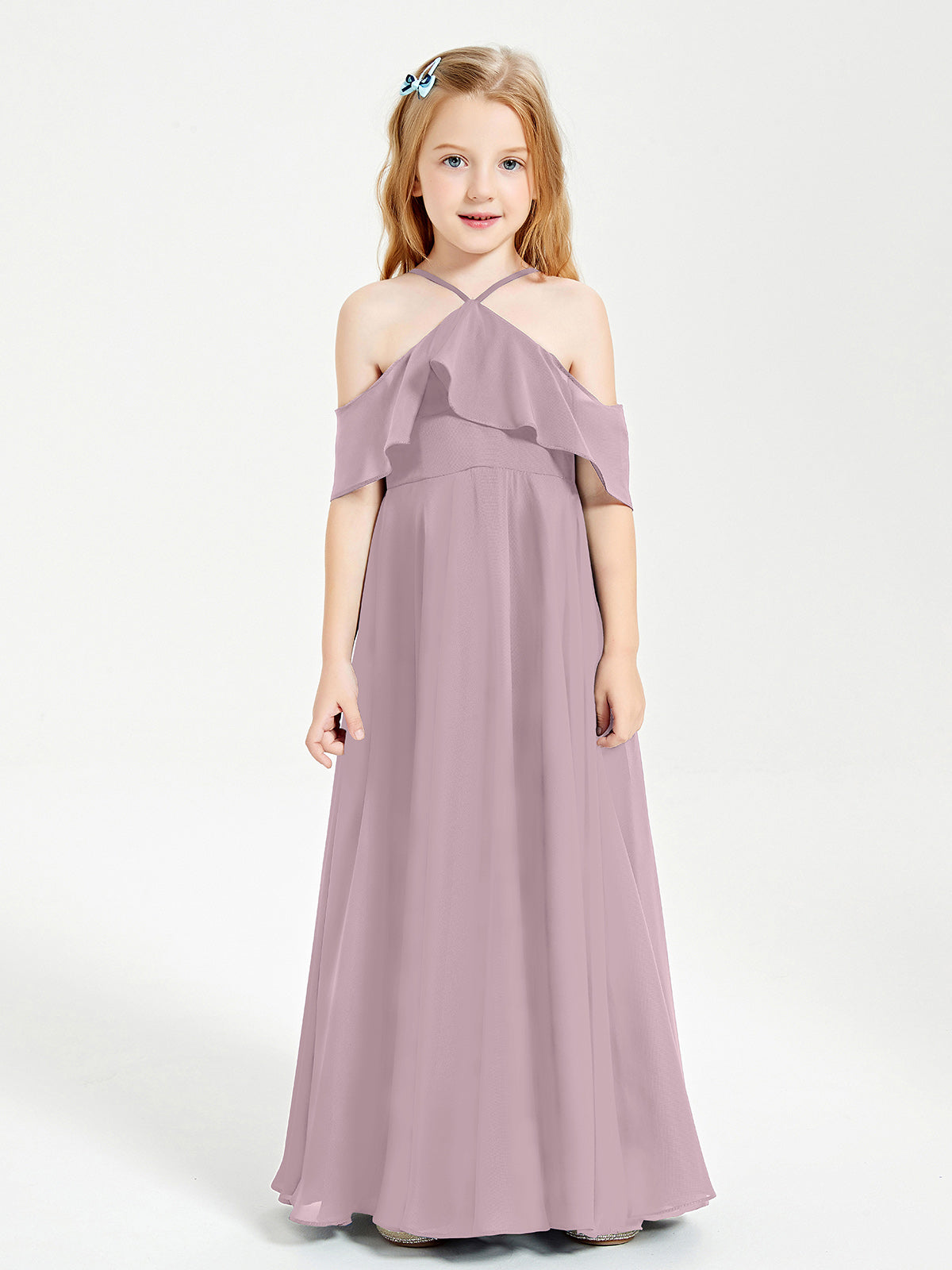 Off the Shoulder Long Junior Bridesmaid Dresses Dusk